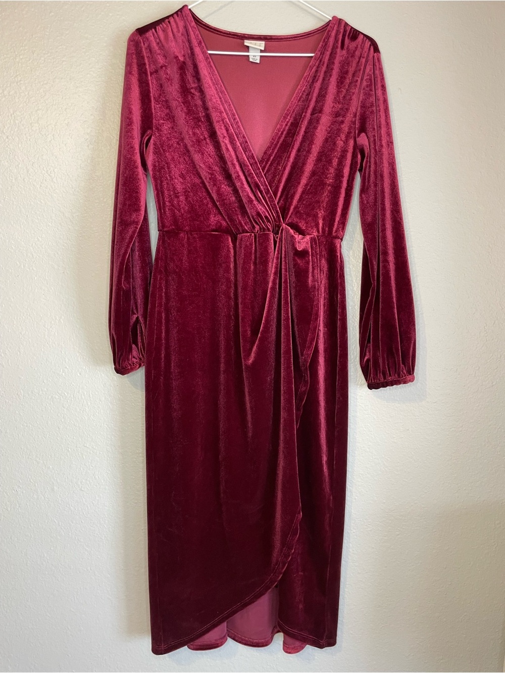 Velvet Wrap Midi Dress in Burgundy